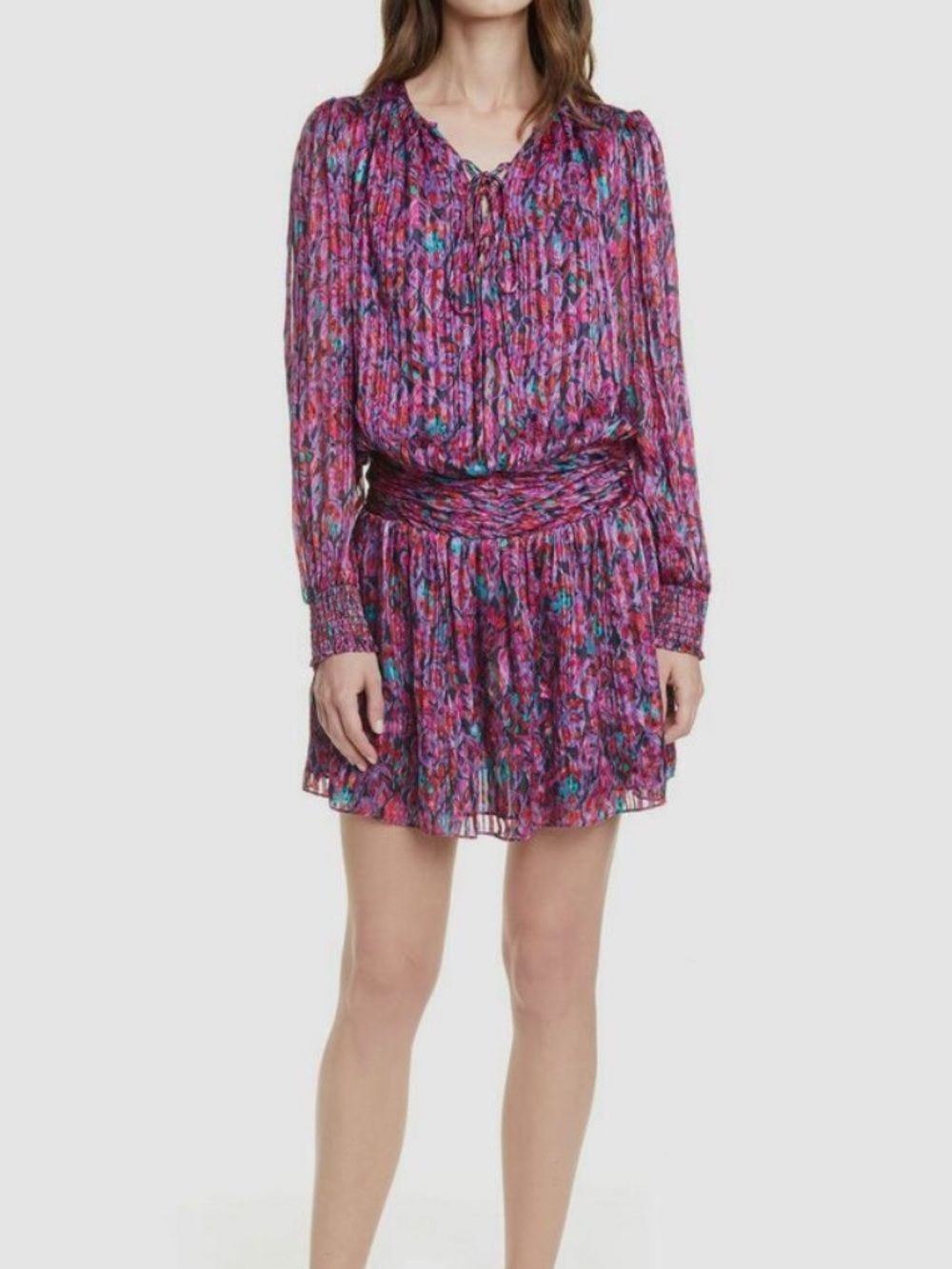 $820 Ramy Brook Women's Blue Pink Gessie Silk Print Long-Sleeve Mini Dress S